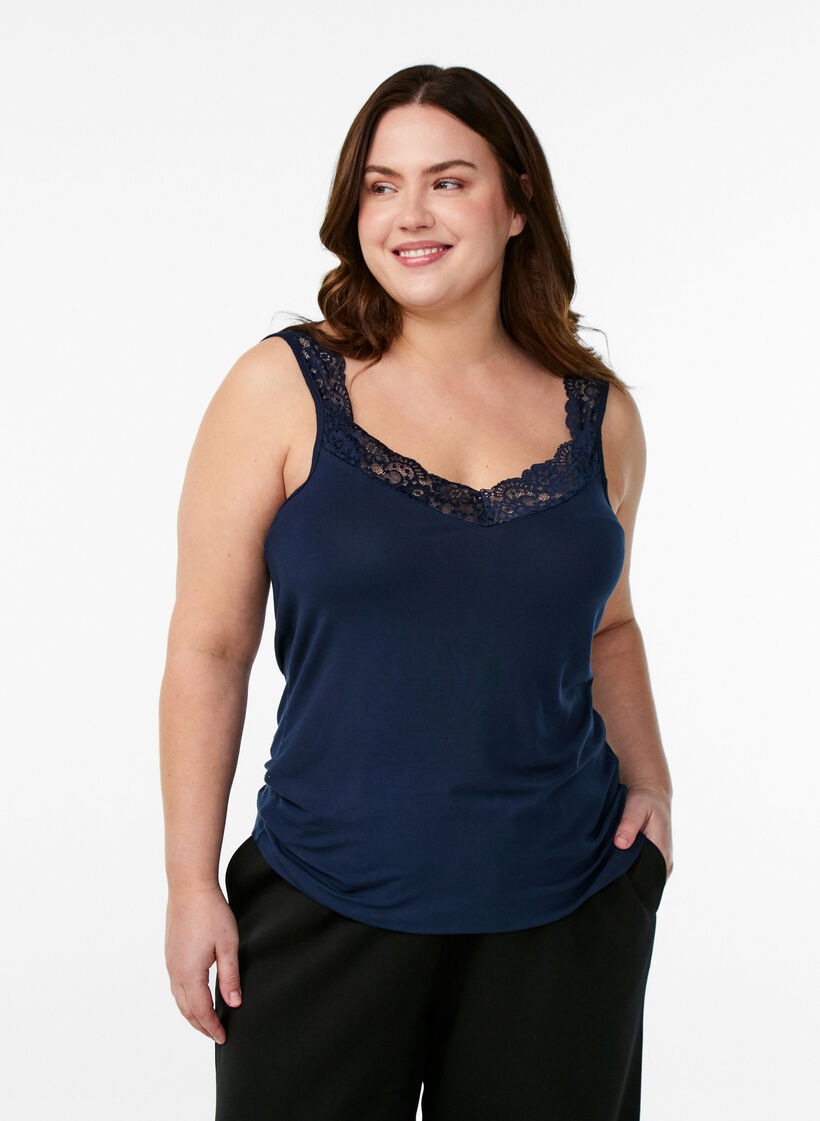 Viscose top with lace edge, Blue, Model image number 0