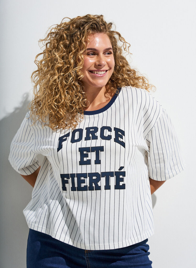 Boxy T-shirt with stripes and statement print, White, Image image number 0