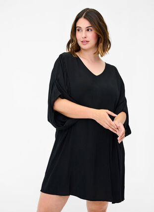 Viscose tunic with decorative 3/4 sleeves, Black, Model image number 0