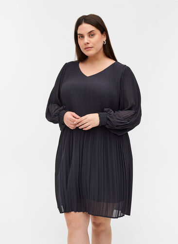 Pleated dress with a v-neck and a-line, Asphalt ASS, Model image number 0