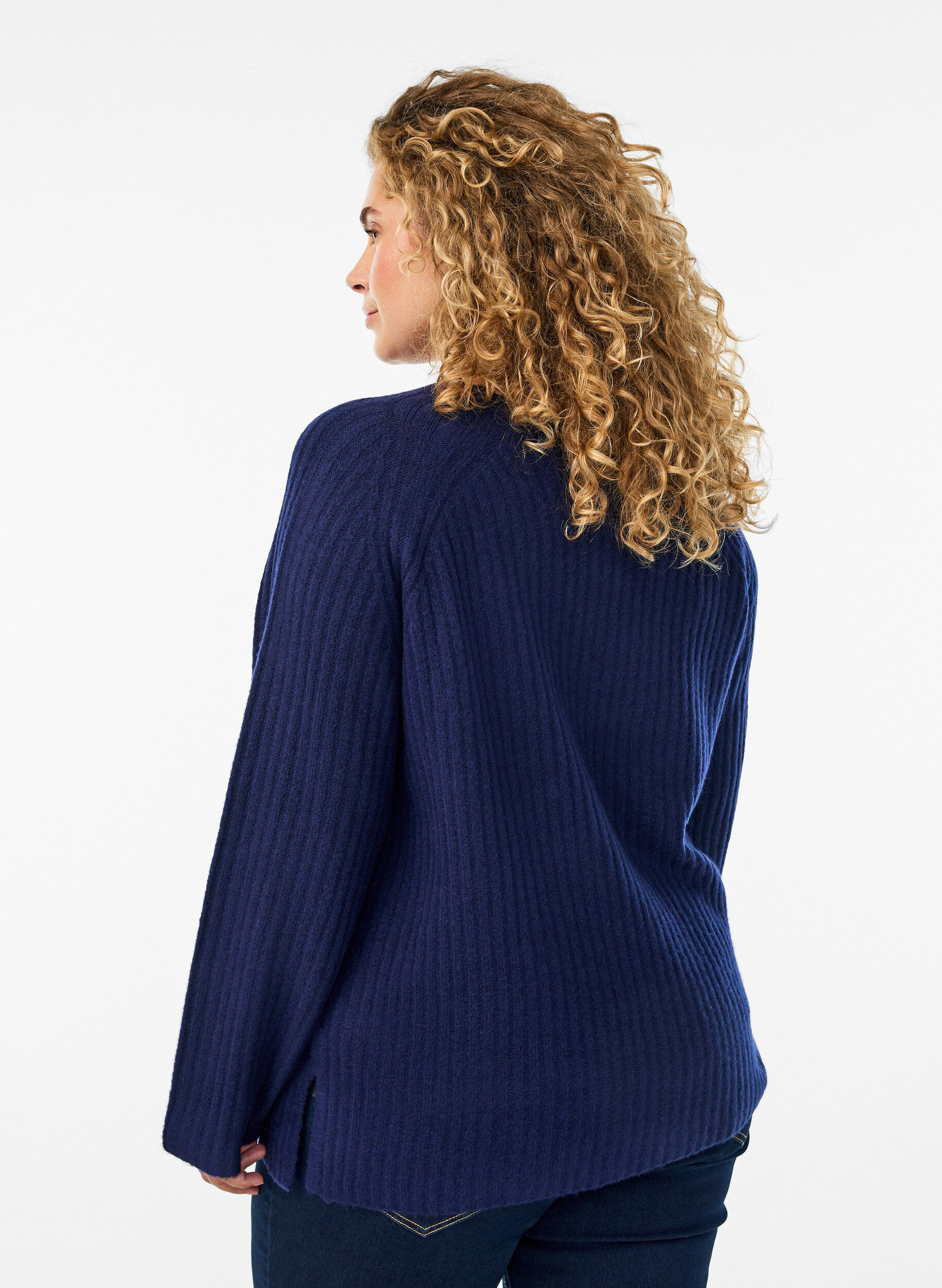 Zizzifashion Ribbed jumper with decorative buttons, Blue, Model image number 2