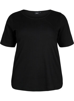 Short-sleeved cotton top in rib, Black, Packshot image number 0