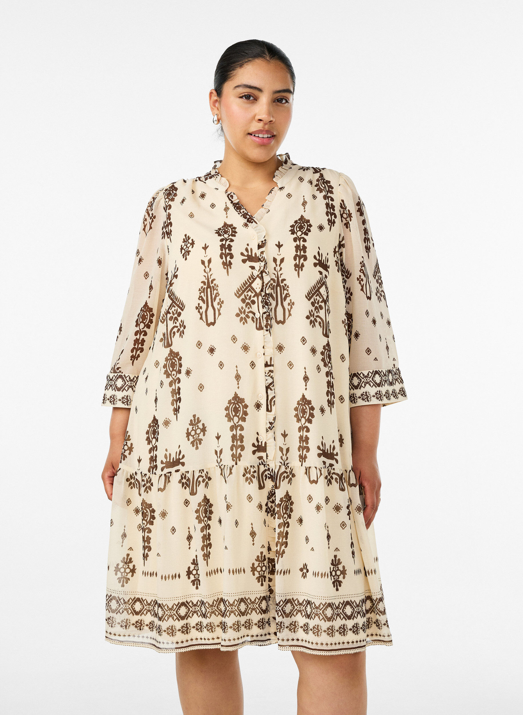 Zizzifashion Dress with ornament print and ruffle collar, Beige, Model image number 0
