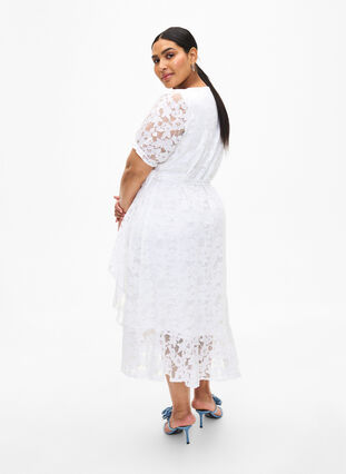 Wrap dress with lace and short sleeves, Bright White, Model image number 1