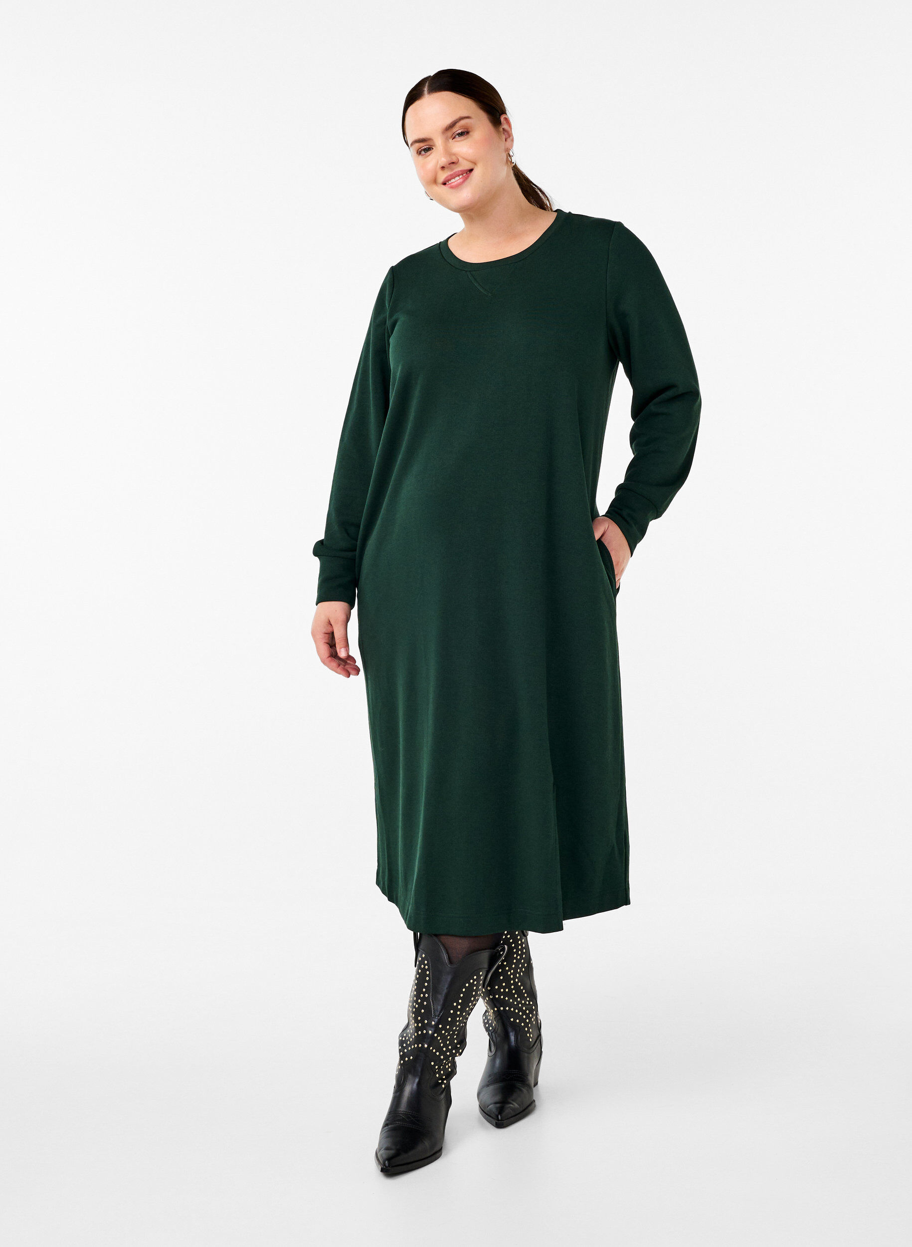 Zizzifashion Cotton sweat dress with pockets, Green, Model image number 0