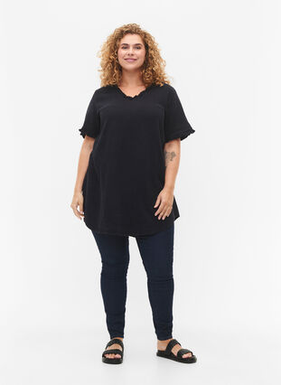 Short-sleeved cotton tunic with ruffles, Black, Model image number 2