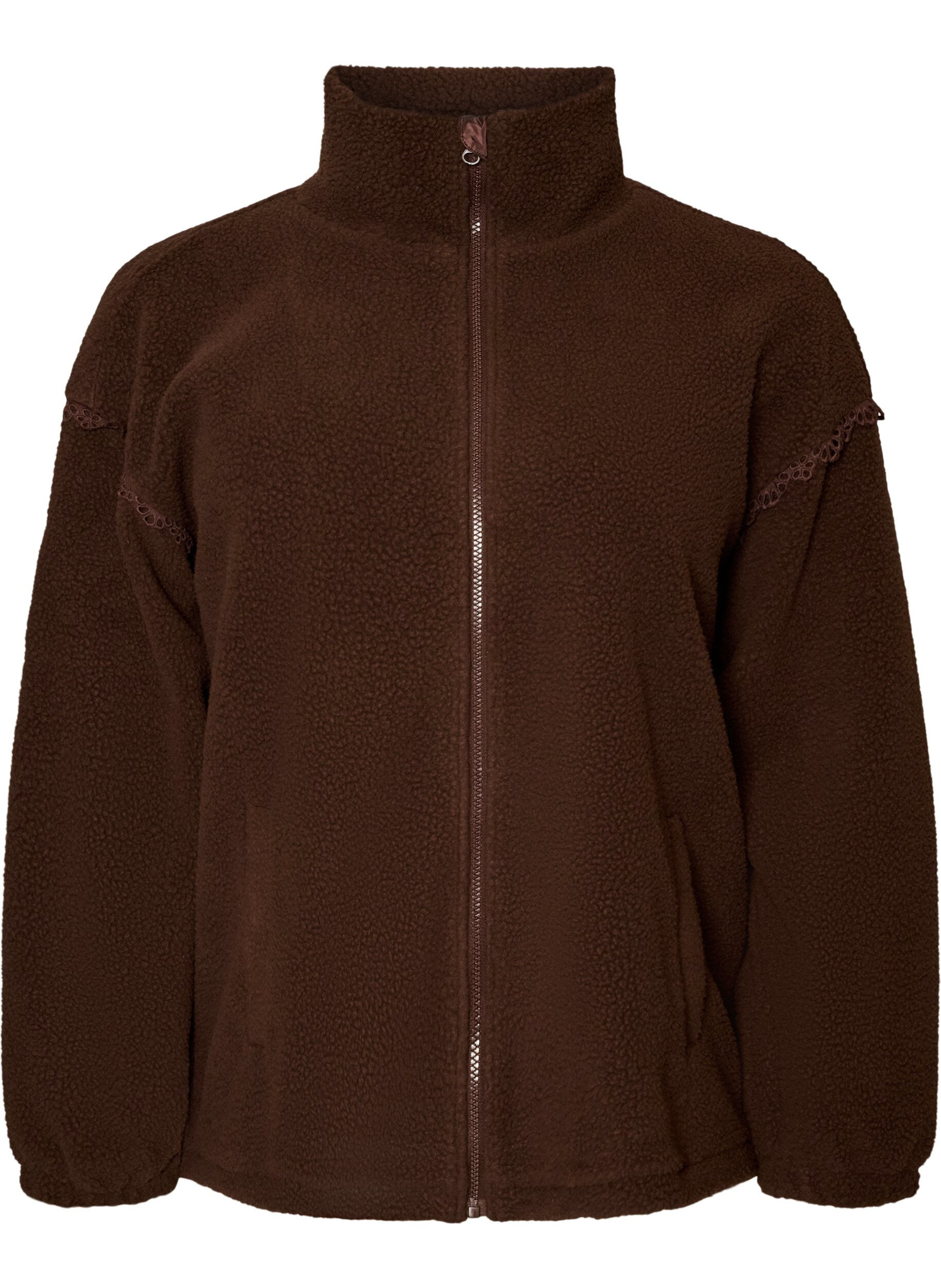 Teddy jacket with eyelet embroidery trim and high collar