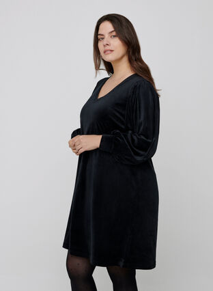 Velour dress with long puff sleeves, Black, Model image number 0
