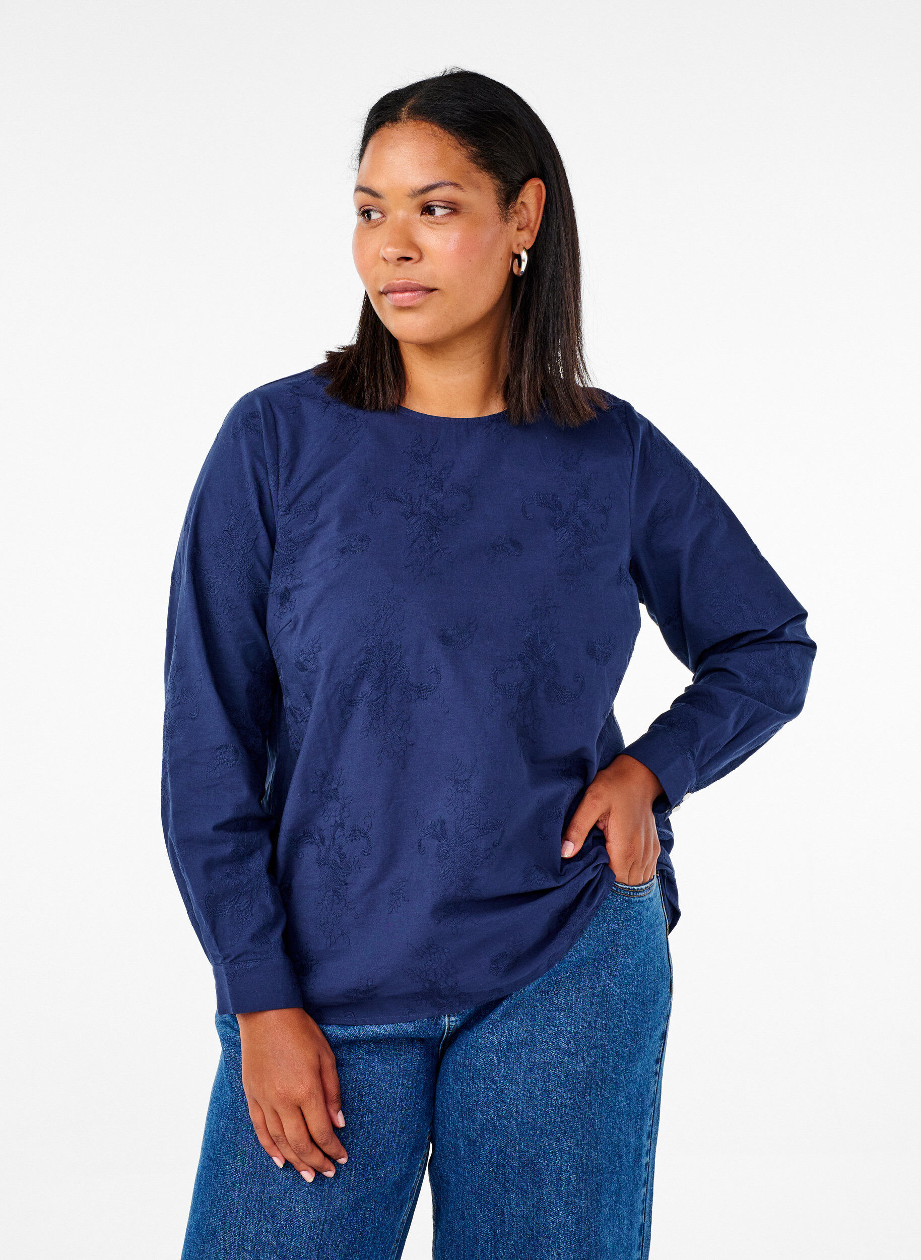 Long-sleeved blouse with embroidery, Blue, Model