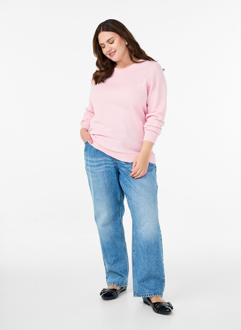 Knit blouse in cotton with textured pattern, Rose, Model image number 1