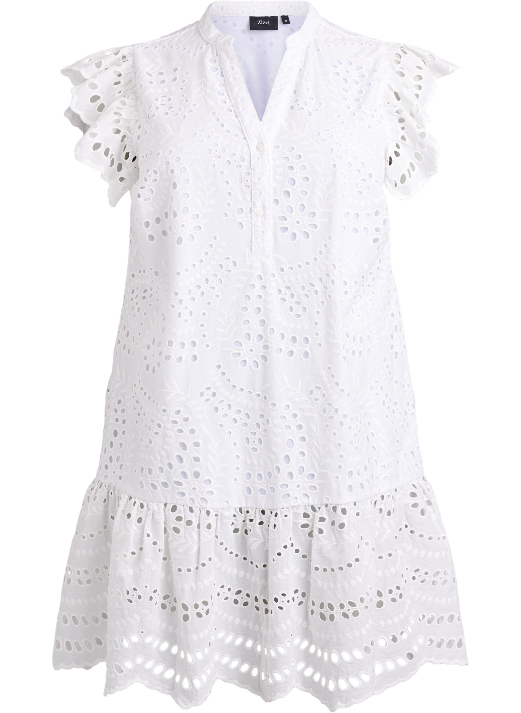 Zizzifashion Broderie anglaise dress with ruffle sleeves, White, Packshot image number 0