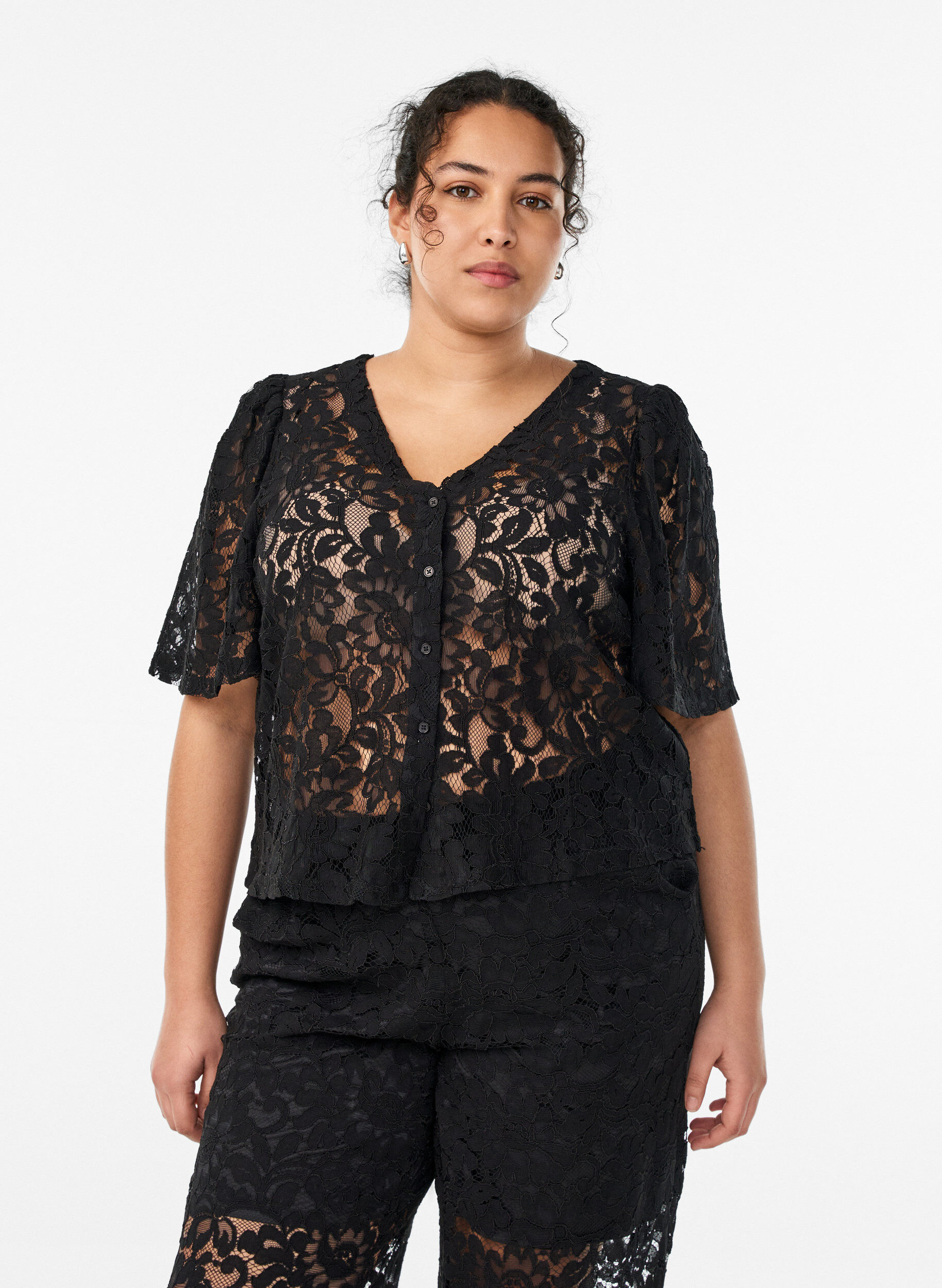 Zizzifashion Short-sleeved lace blouse with V-neck, Black, Model image number 0