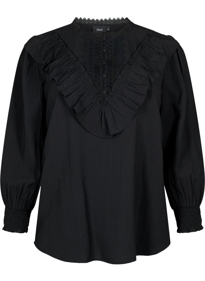 Viscose blouse with ruffles and embroidery detail, Black, Packshot image number 0