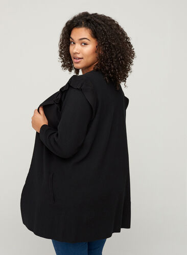 Knitted cardigan with ruffles and pockets, Black, Model image number 1