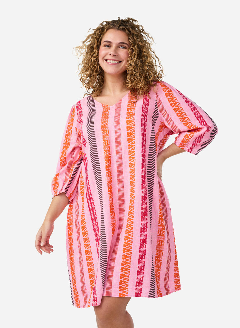 Short dress in linen and viscose with 3/4 sleeves, Pink, Model image number 0