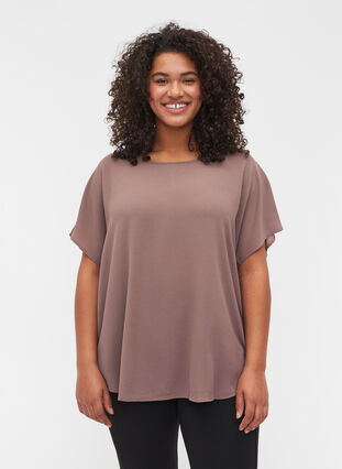 Blouse with short sleeves and a round neckline, Deep Taupe, Model image number 0