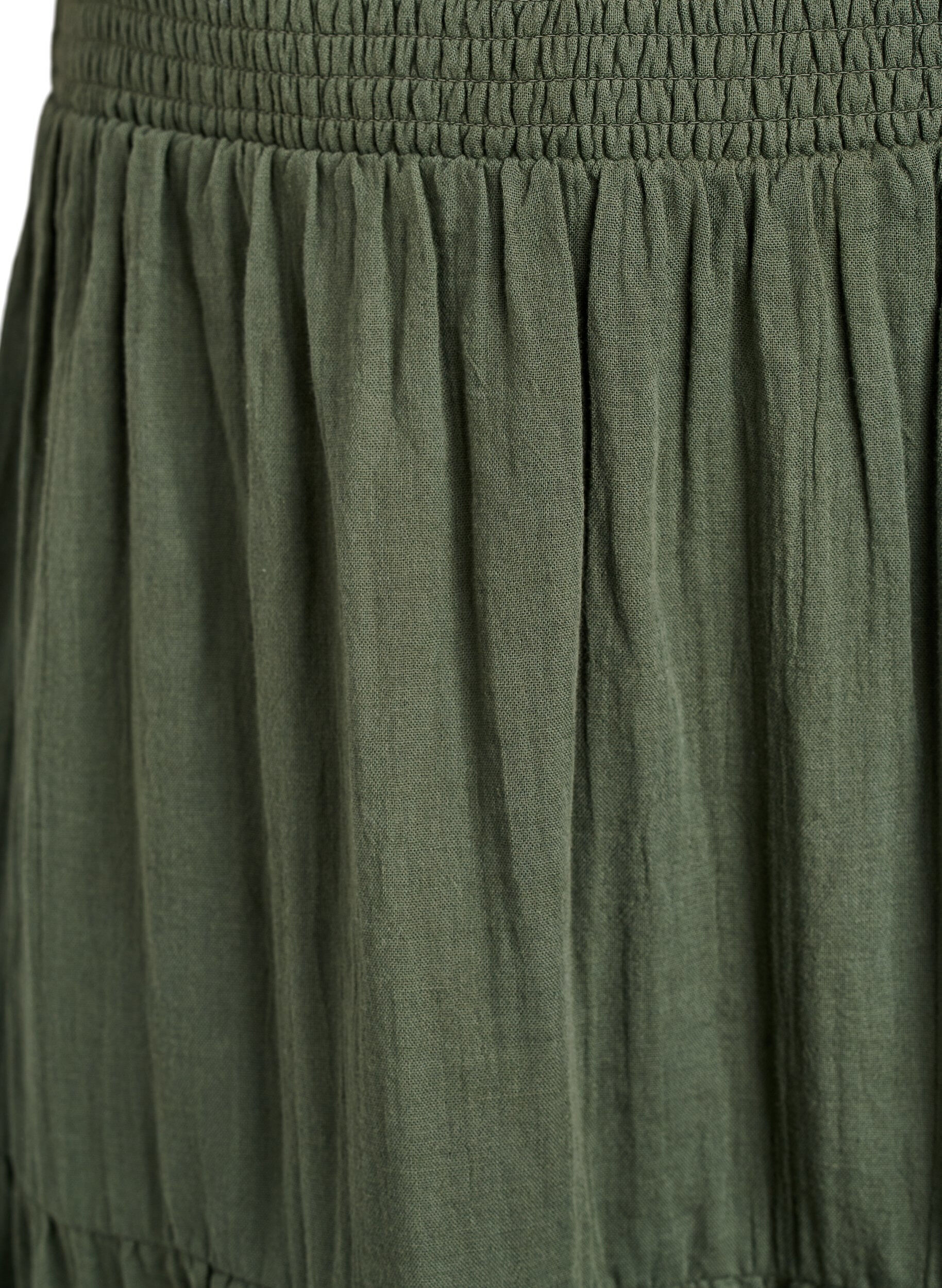 Zizzifashion Long cotton muslin skirt with embroidered details, Thyme, Packshot image number 2