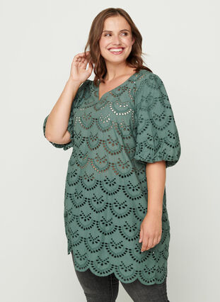Cotton broderie anglaise tunic, Balsam Green, Model image number 0
