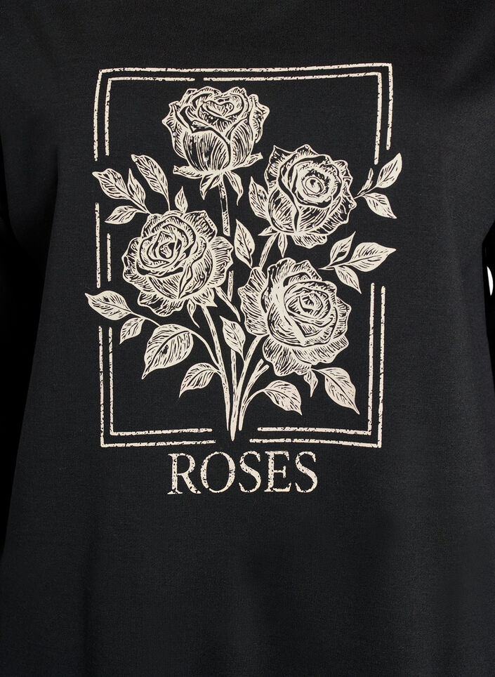 Sweatshirt with rose print and rhinestones, Black, Packshot image number 2