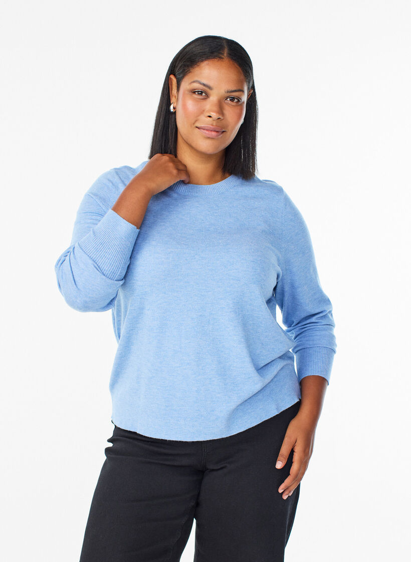 Knitted blouse with a round neck, Blue, Model image number 0