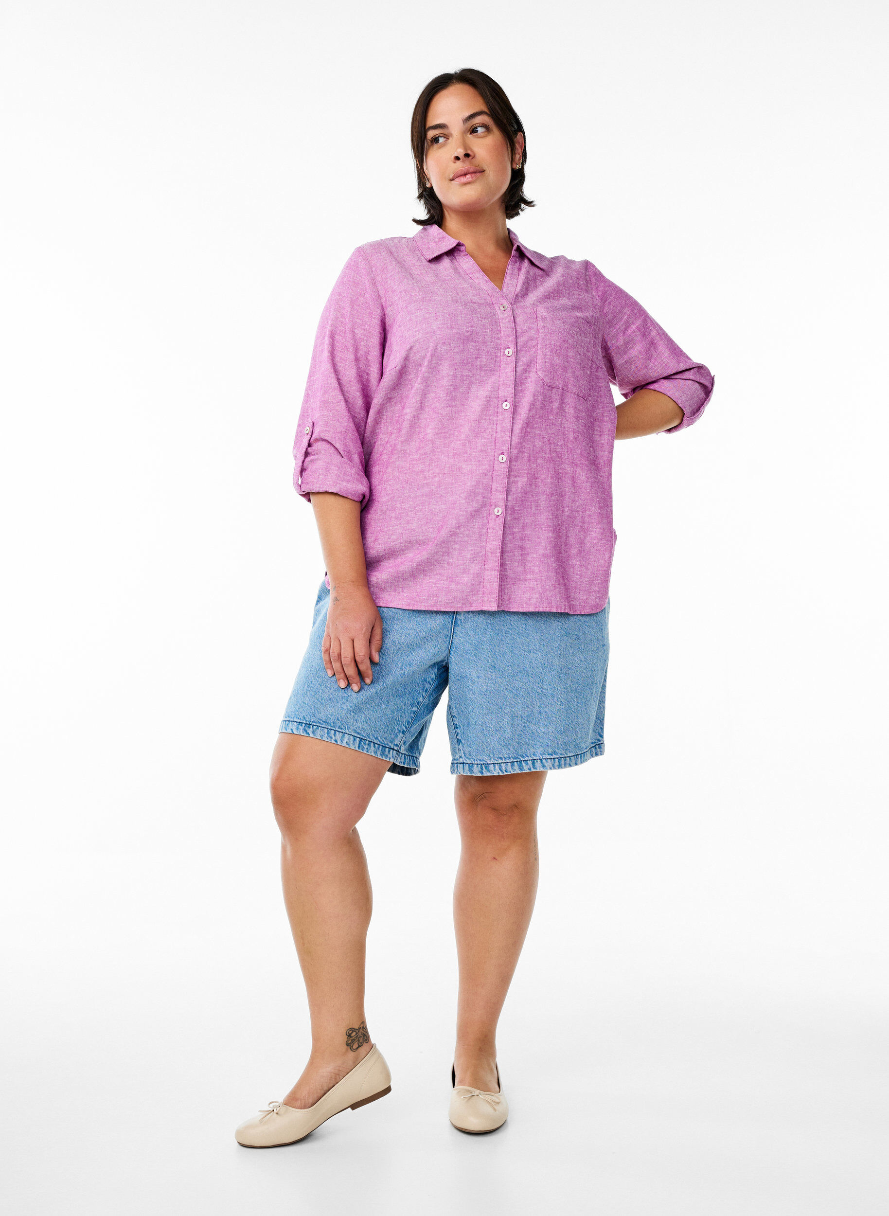 Zizzifashion Shirt in linen and viscose with 3/4 sleeves, Purple, Model image number 1