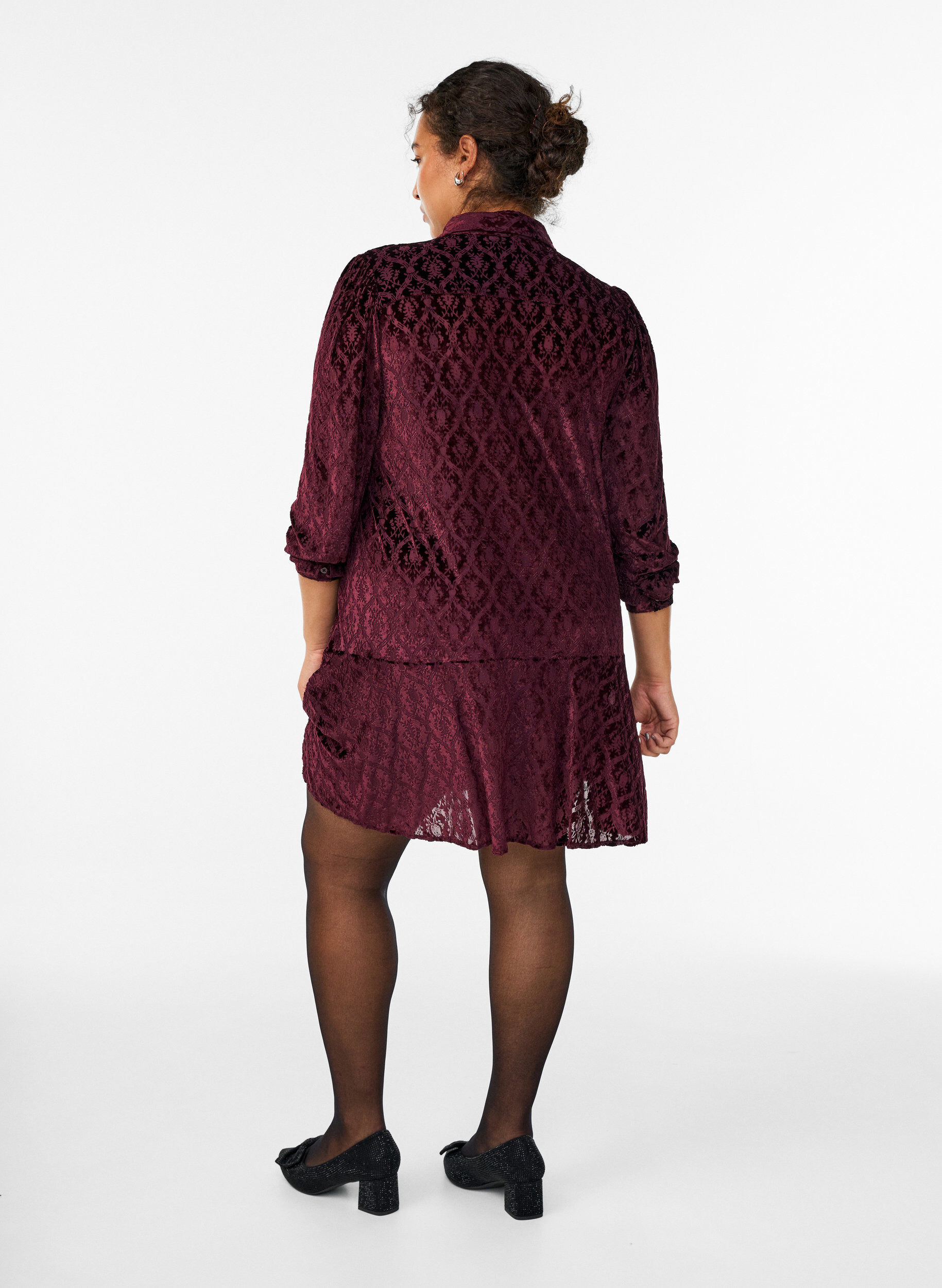 Zizzifashion Short dress with a velour pattern, Red, Model image number 2