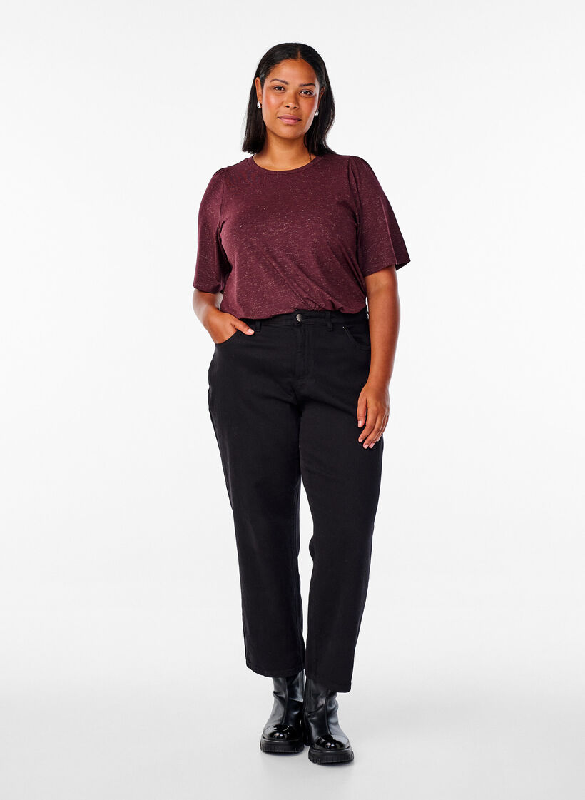 T-shirt with glitter and short puff sleeves, Dark Bordeaux, Model image number 1