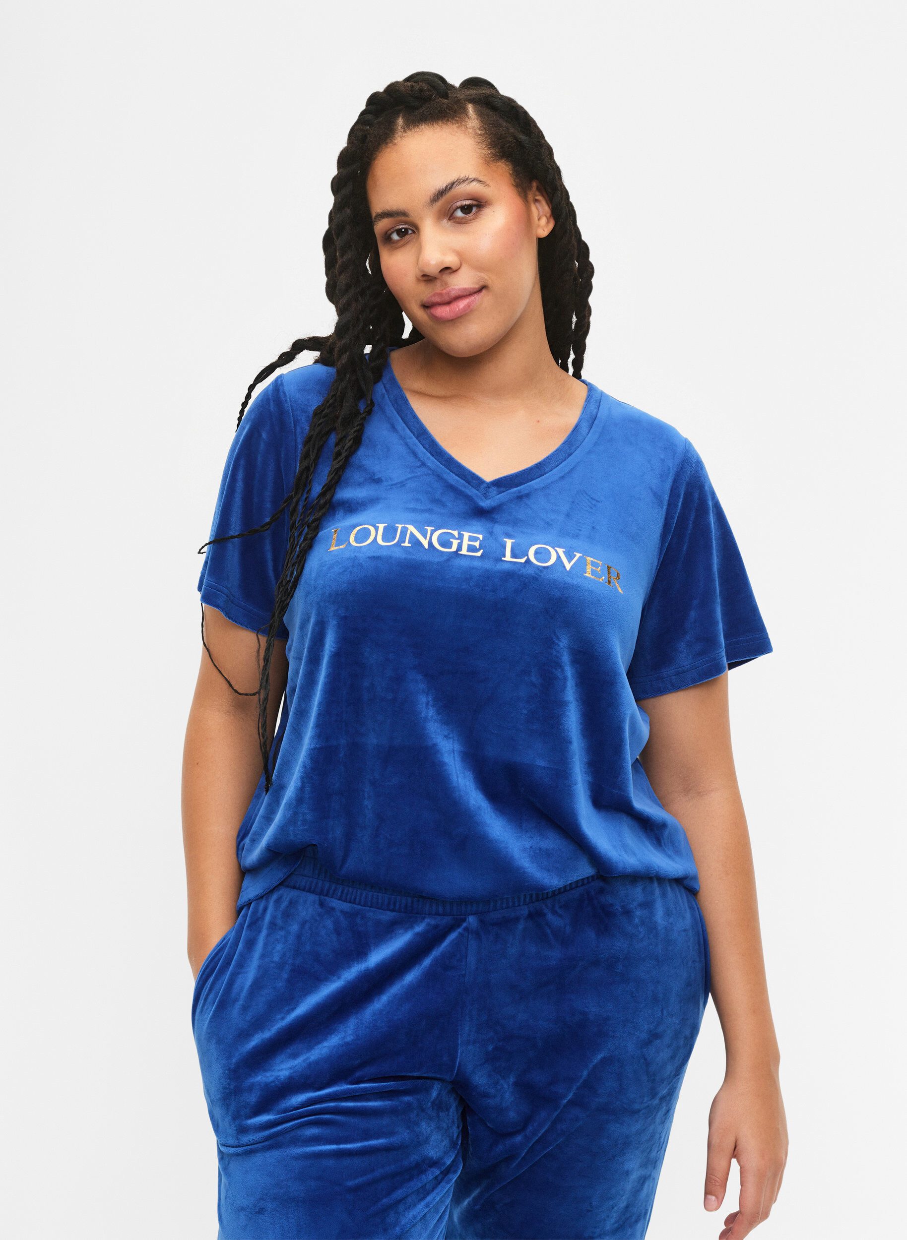 Zizzifashion Velour t-shirt with a v-neck, Monaco Blue, Model image number 0