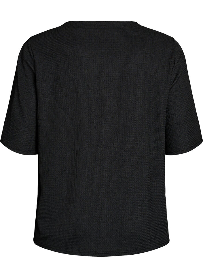 Short-sleeved blouse with texture and button fastening, Black, Packshot image number 1