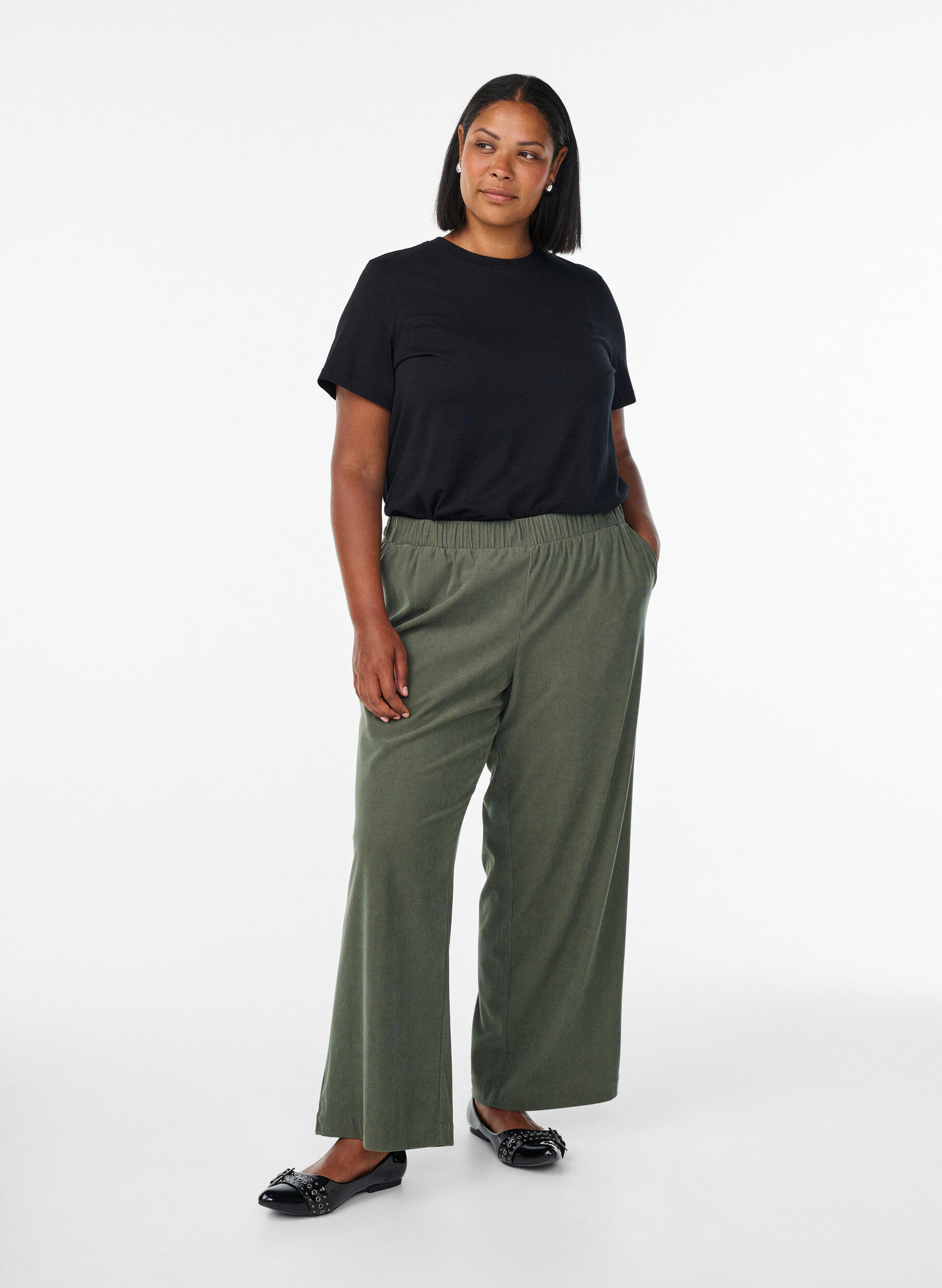 Velvet trousers with a wide leg, Green, Model