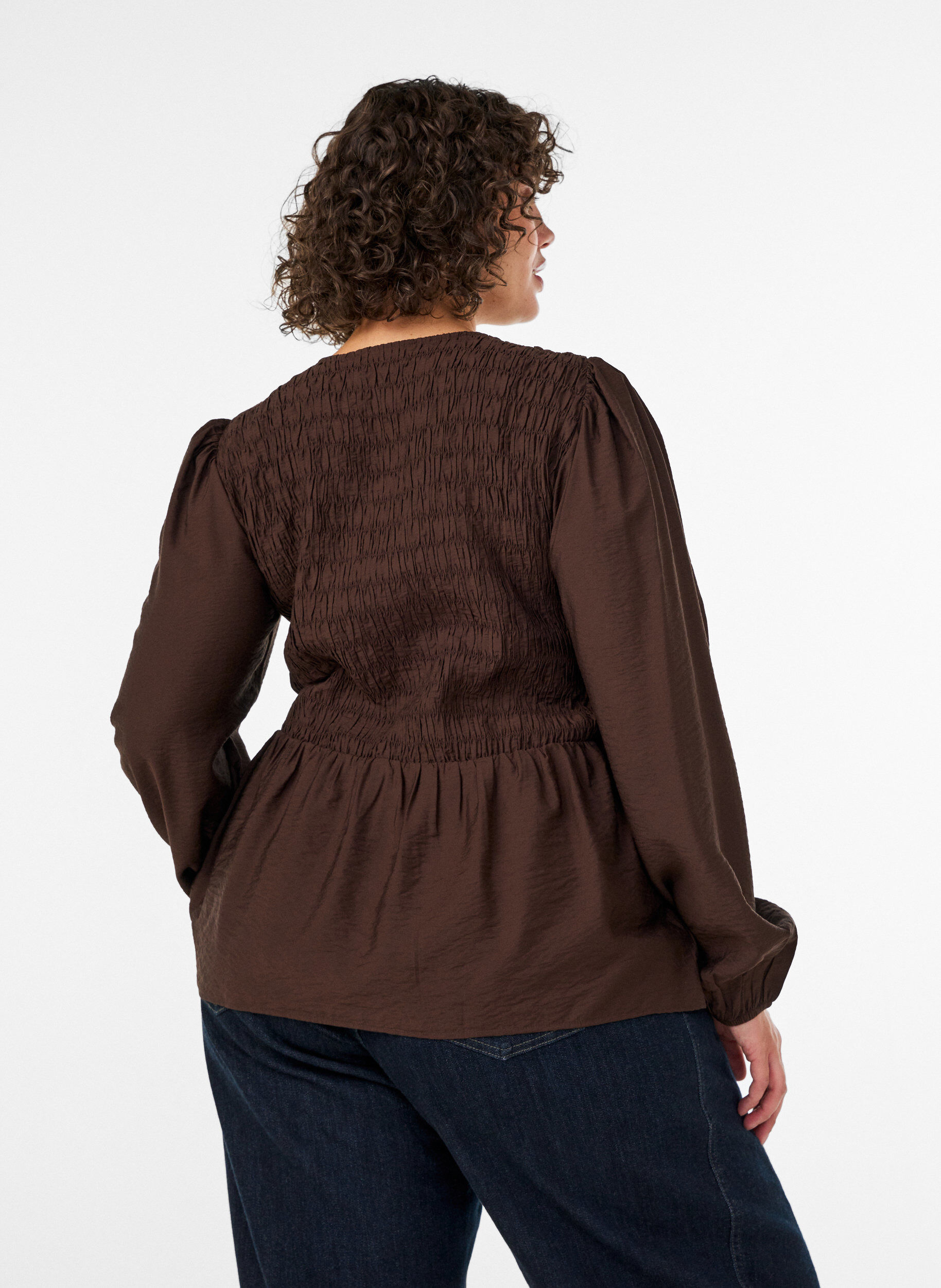 ZizzifashionBlouse with smock and long sleeves, Brown, Model image number 2