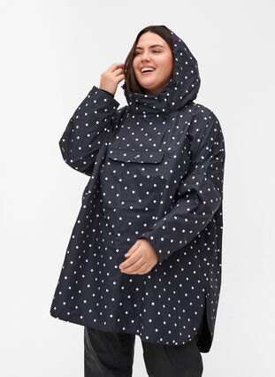 Rain poncho with hood and print, Black w/ white dots, Model image number 0