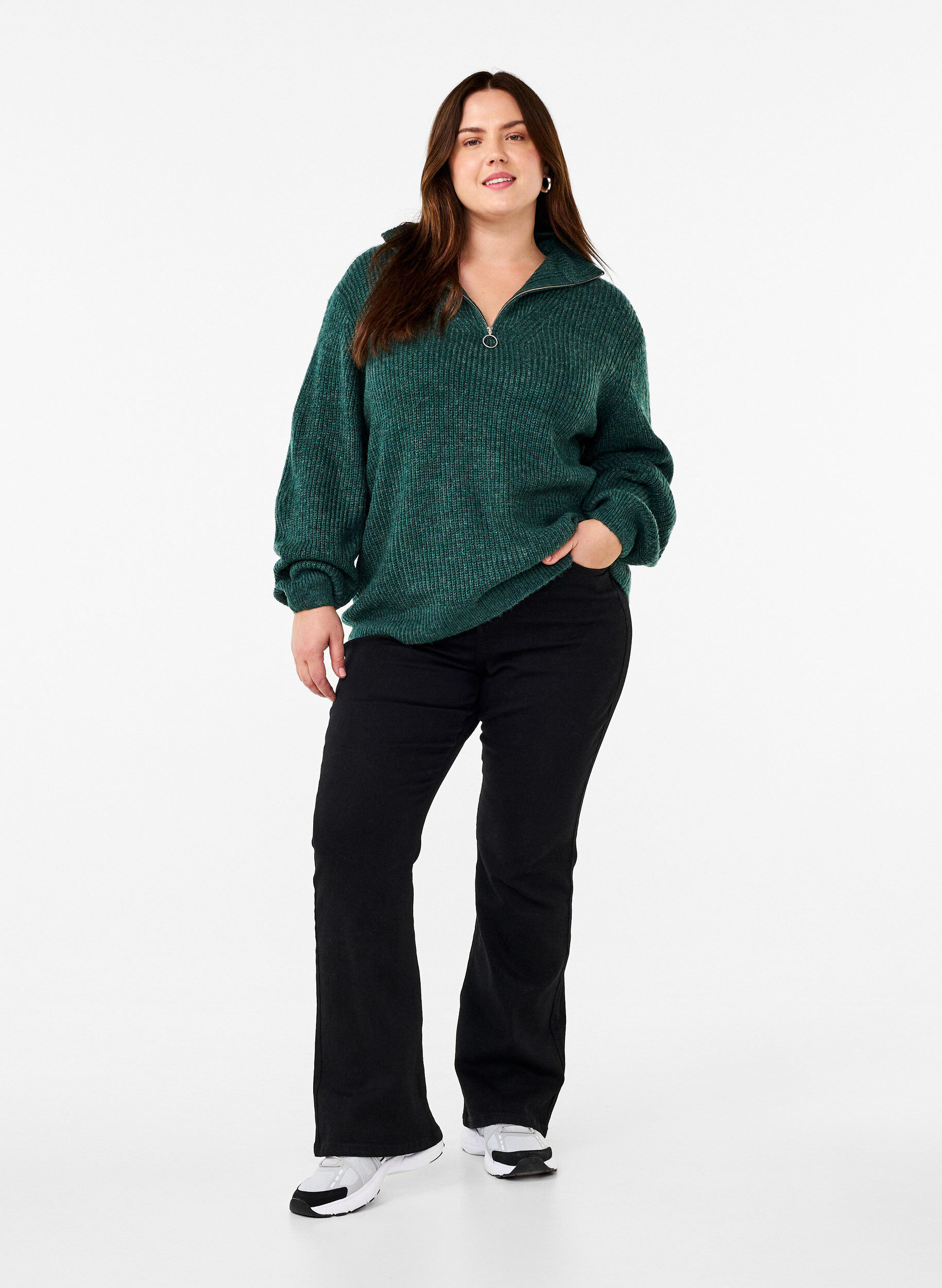 ZizzifashionKnitted sweater with high neck and zipper, Green, Model image number 1