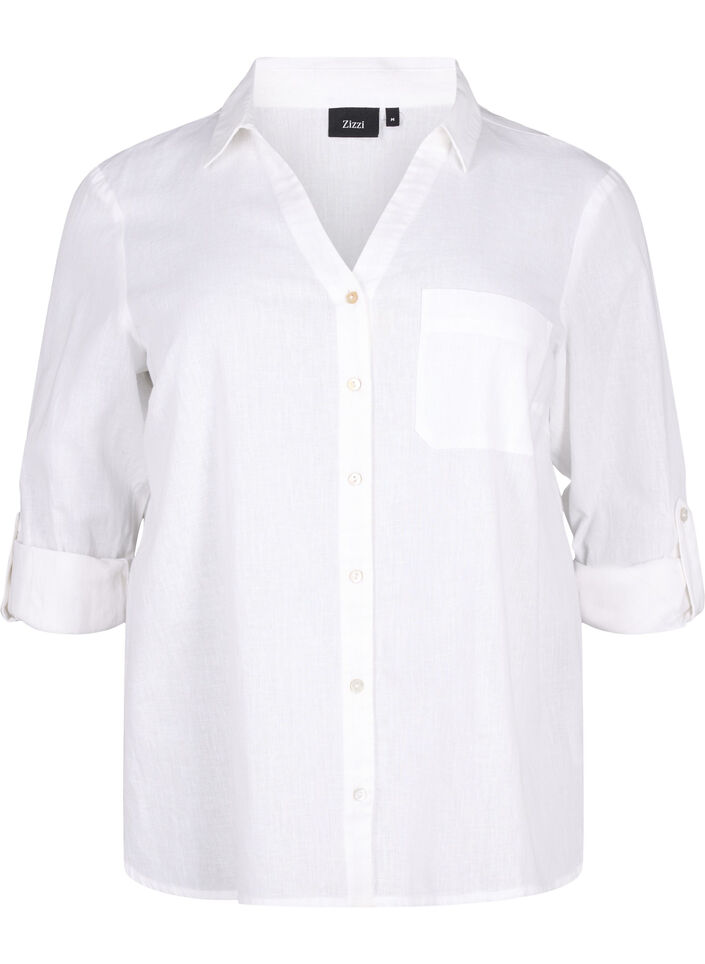 Shirt blouse with button closure in cotton-linen blend, Bright White, Packshot image number 0