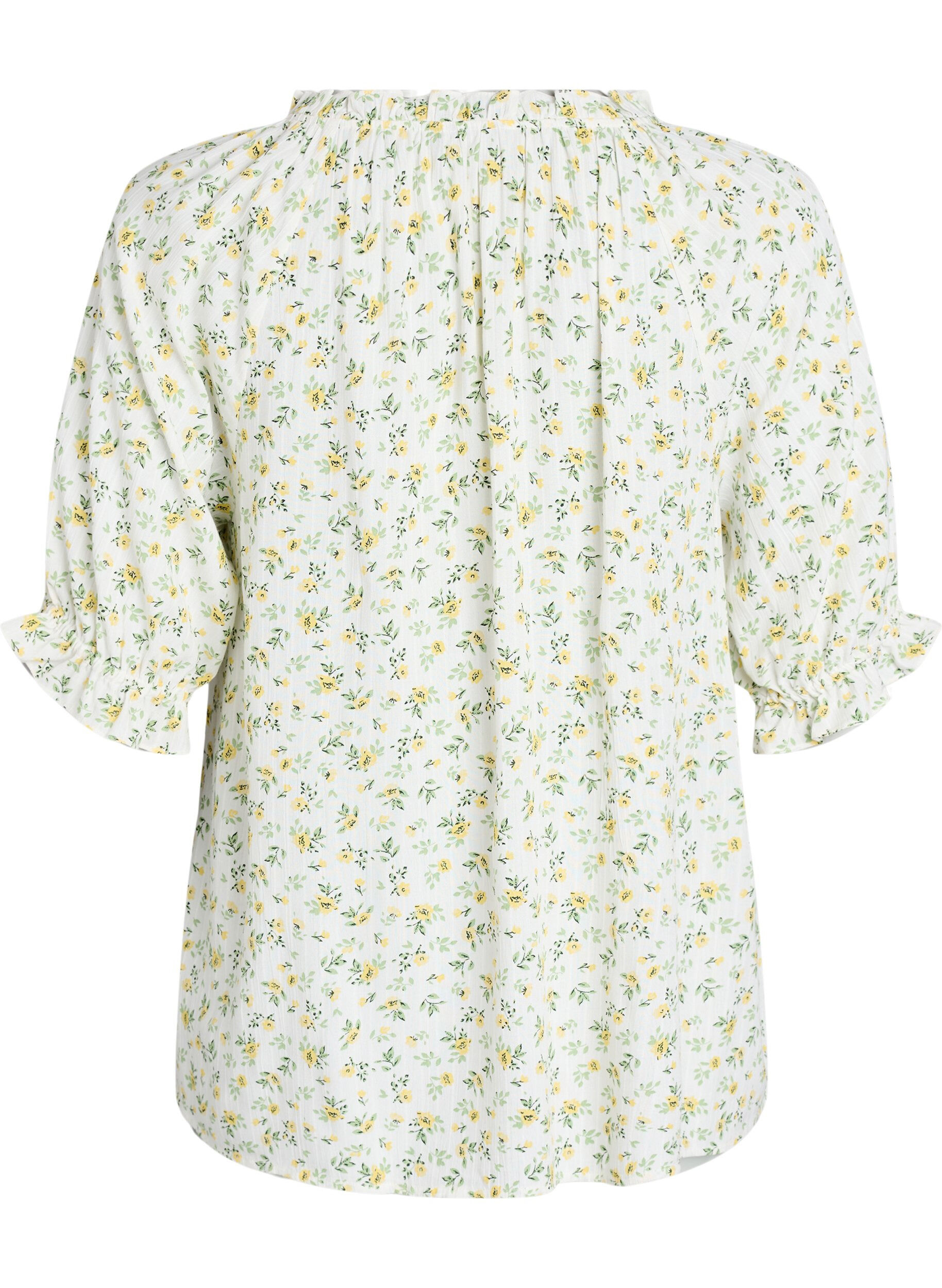 Zizzifashion Floral viscose blouse with half-length sleeves, White, Packshot image number 1