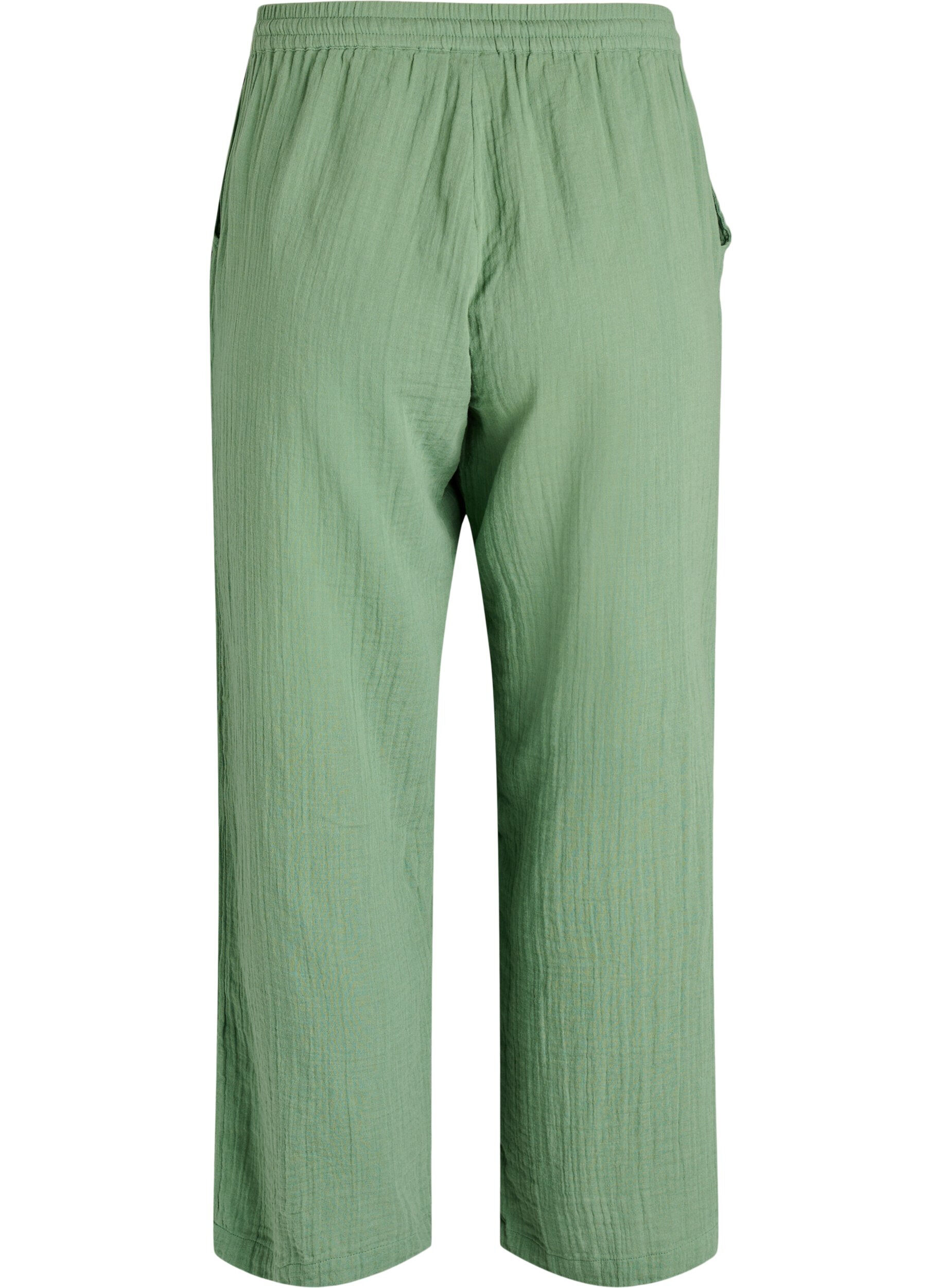 Zizzifashion High-waisted cotton muslin trousers with loose legs, Green, Packshot image number 1