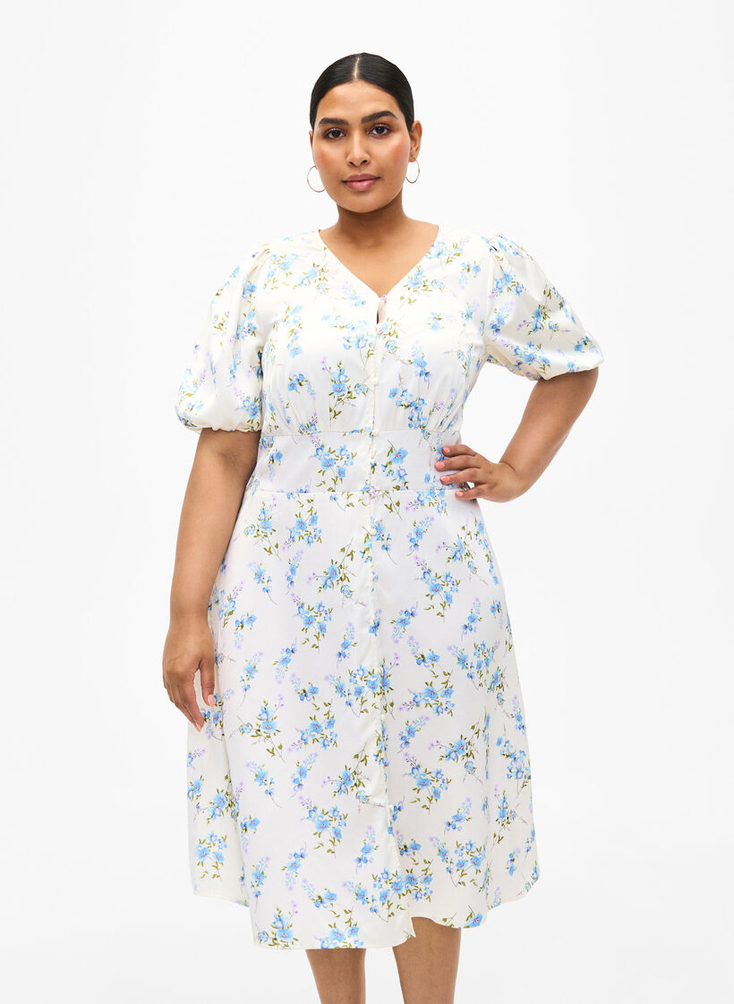 Floral satin dress with puff sleeves, Off White Blue Fl., Model image number 0