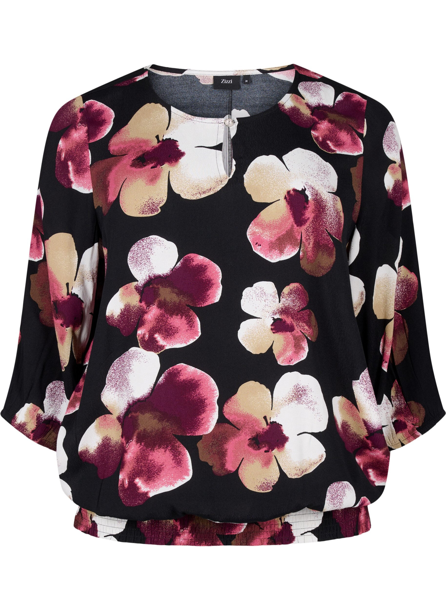 Zizzifashion Viscose blouse with print and smock, Black, Packshot image number 0