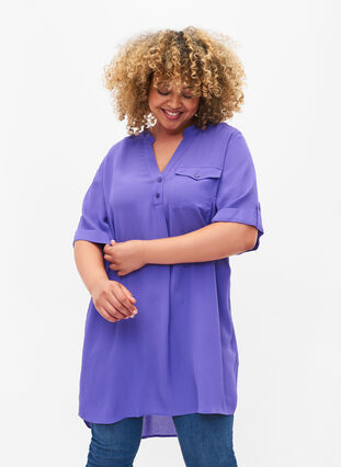 Viscose tunic with short sleeves, Purple Corallites, Model image number 0