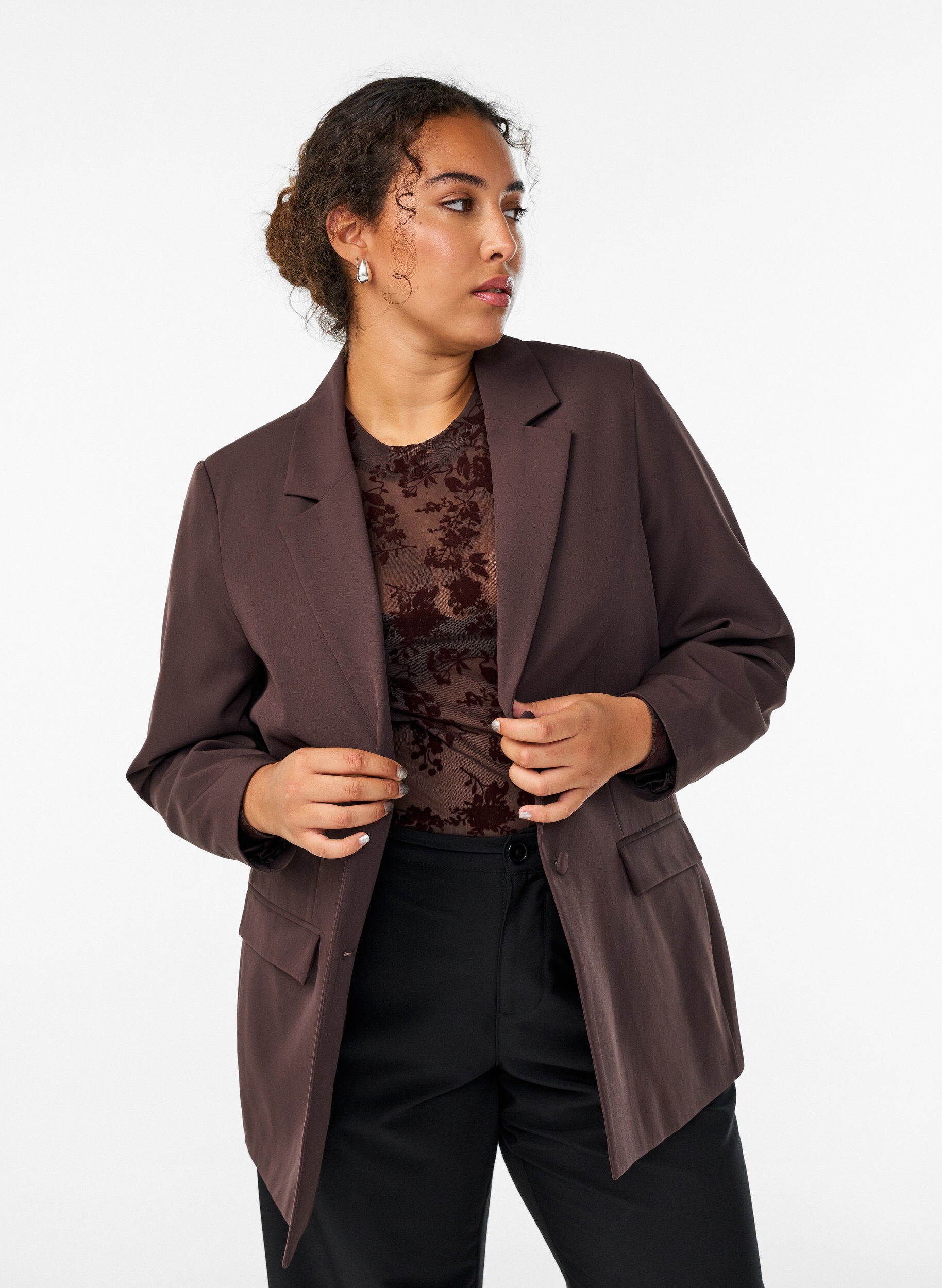 Zizzifashion Classic blazer with button closure, Brown, Model image number 3