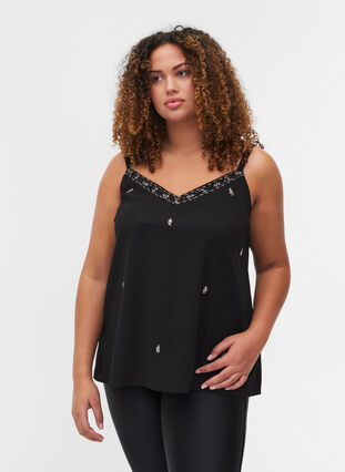 Top with thin, adjustable straps and pearls, Black, Model image number 0
