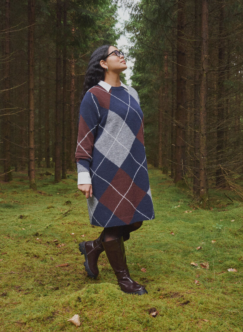 Knitted dress with large check pattern, Blue, Image