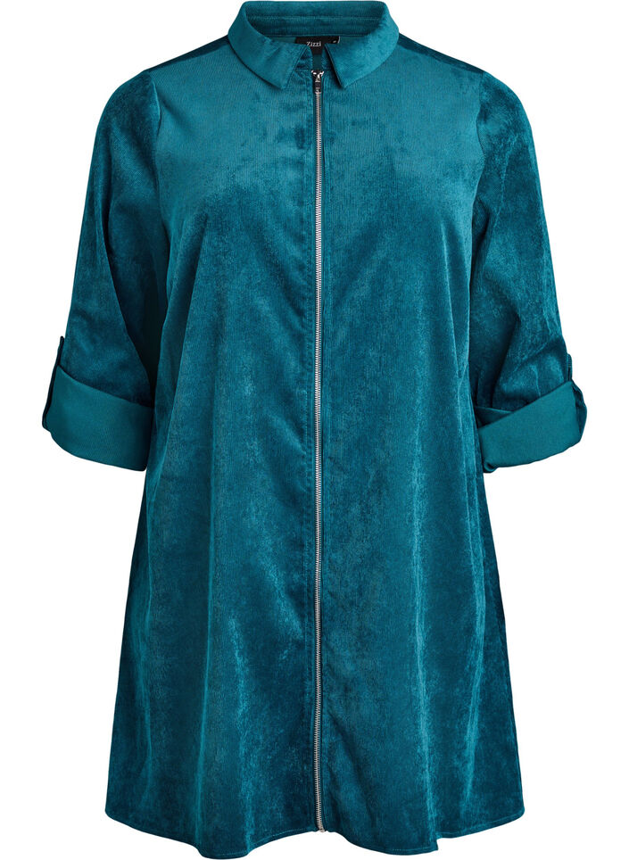 Corduroy dress with zipper and 3/4 sleeves, Green, Packshot image number 0