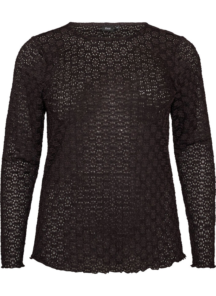 Blouse with eyelet pattern and long sleeves, Black, Packshot image number 0