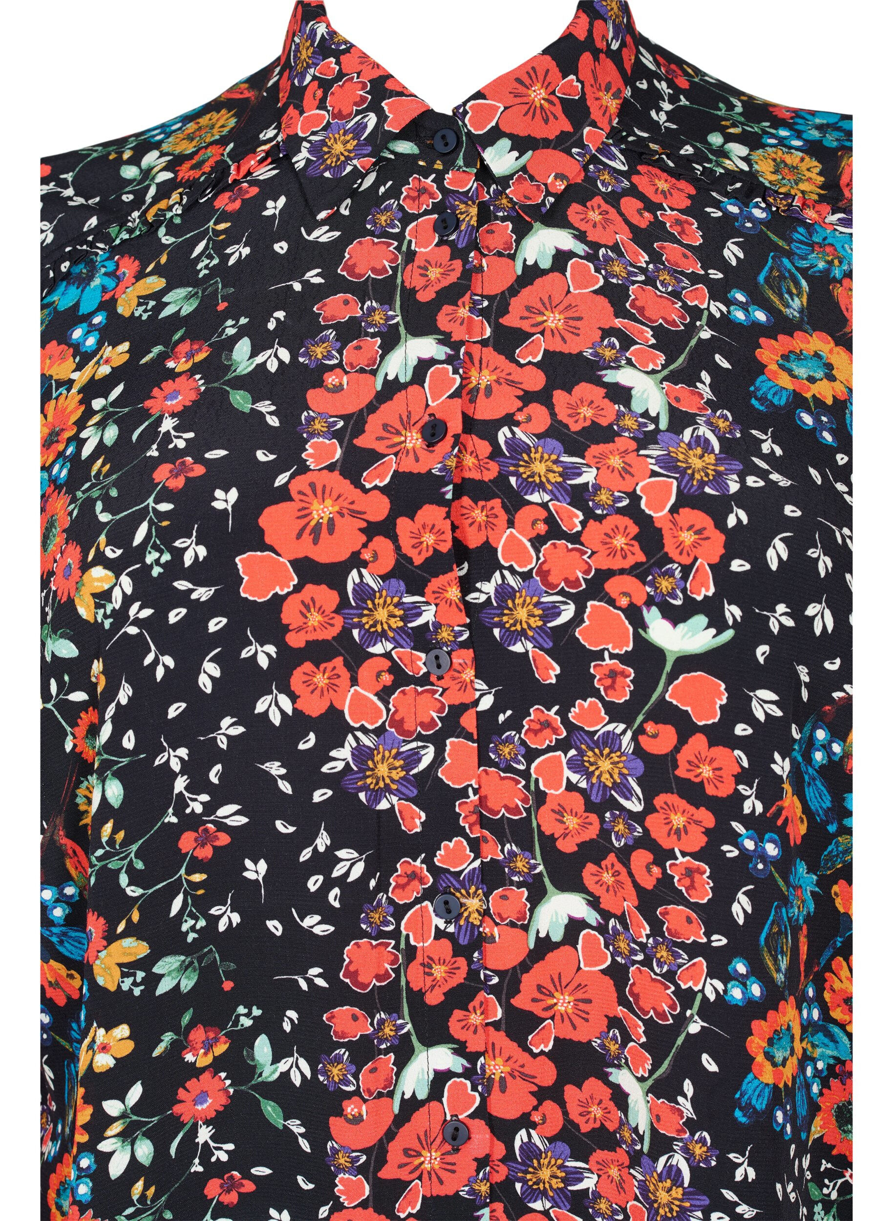 Zizzifashion Long viscose shirt in floral print, Black Flower, Packshot image number 2
