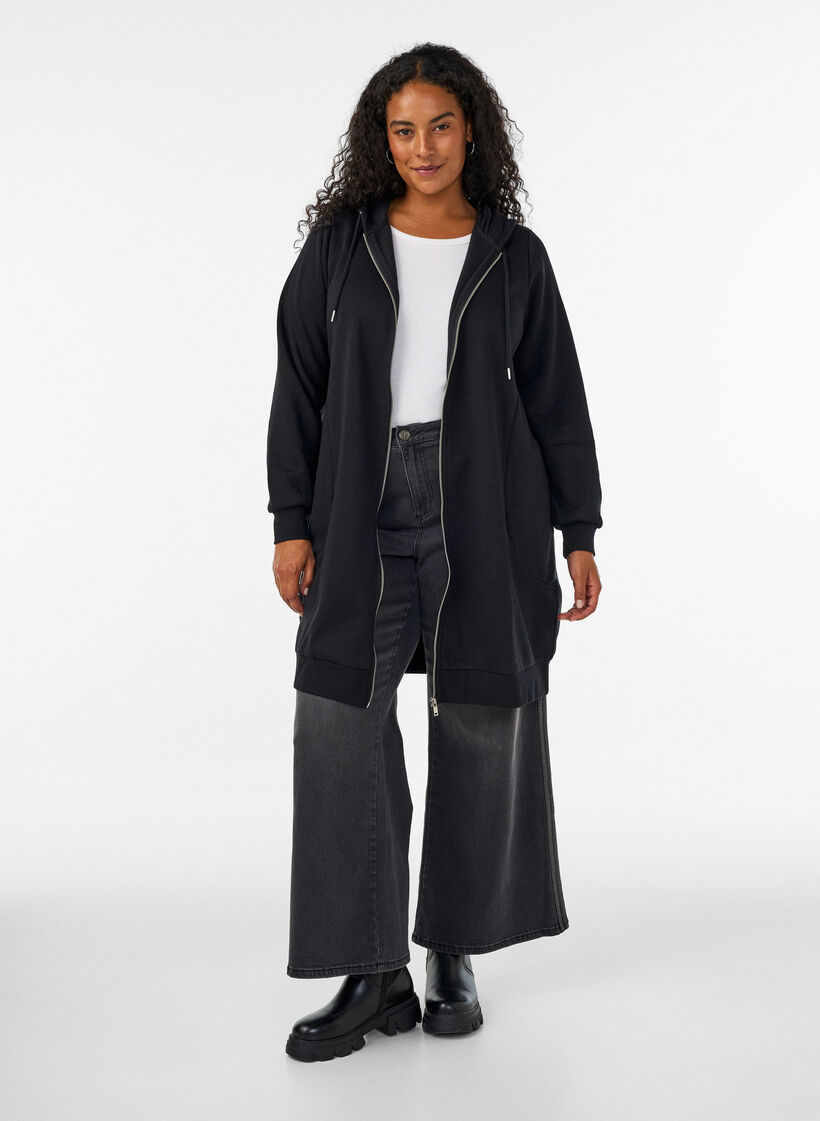 Long hoodie with zip and pockets, Black, Model image number 1