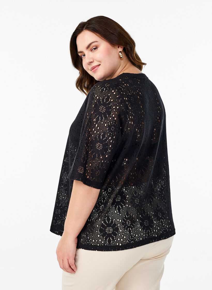 Blouse with an openwork pattern and short sleeves, Black, Model image number 2