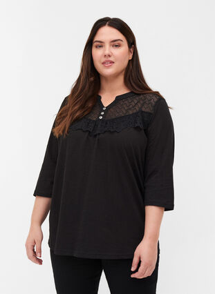 Blouse in organic cotton with lace, Black, Model image number 0
