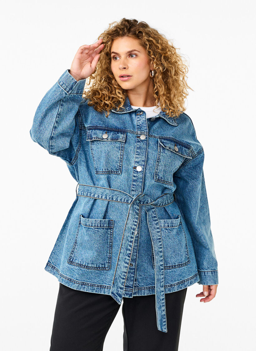 Denim jacket with a tie belt, Blue Denim, Model image number 0
