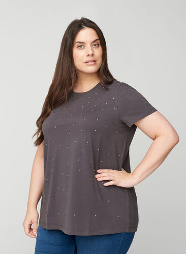 Short-sleeved cotton t-shirt  with rhinestones, Black Acid, Model image number 0